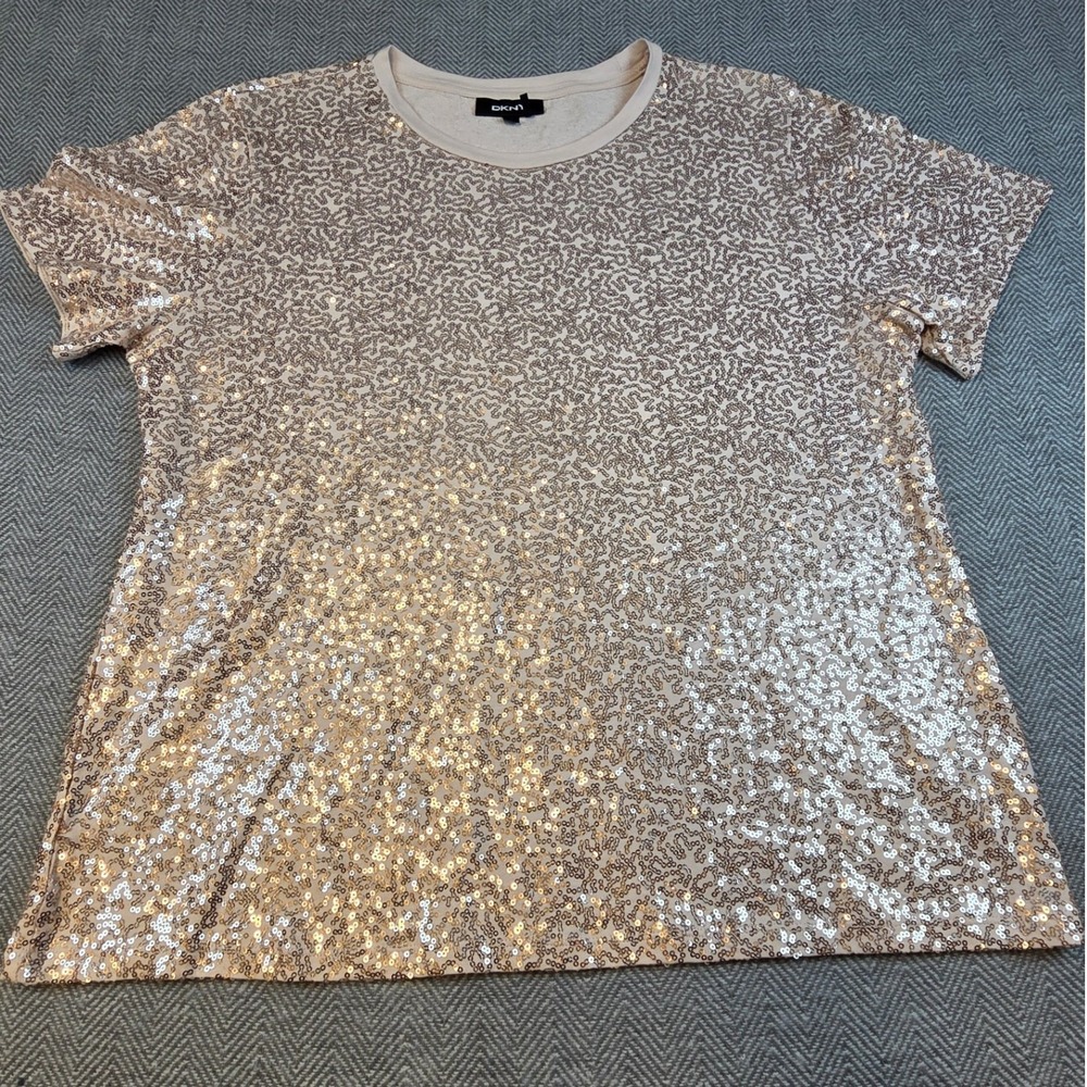 DKNY Womens Rose Gold Sequin Short Sleeve Crew Neck T-Shirt Top Size XL